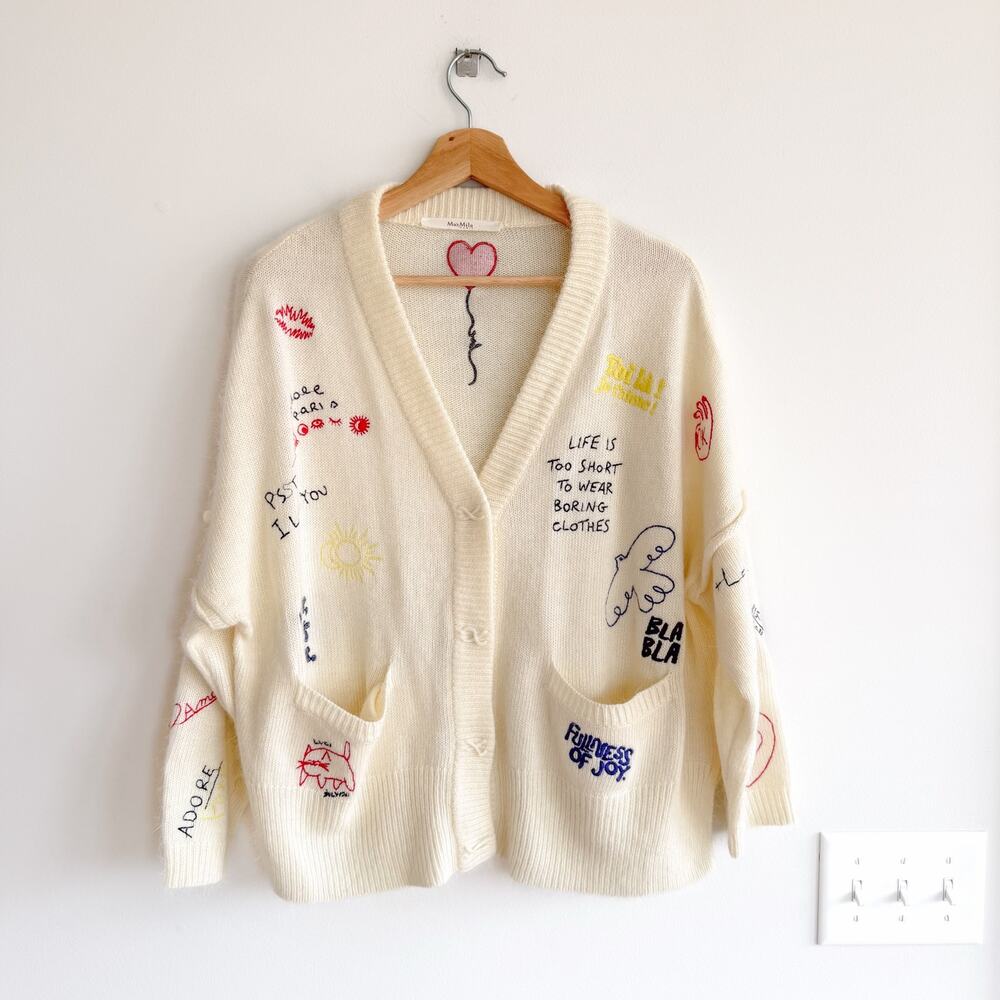 MaxMila Paris Whimsical Embroidered Button Front Cardigan Sweater Cream